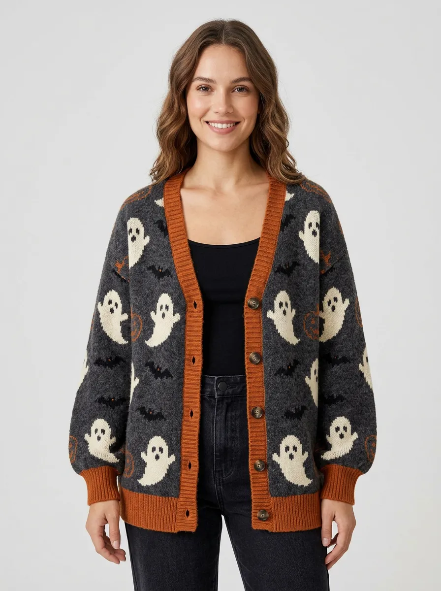 Women's Halloween Ghost Pumpkin Bat Pattern Knitted Cardigan