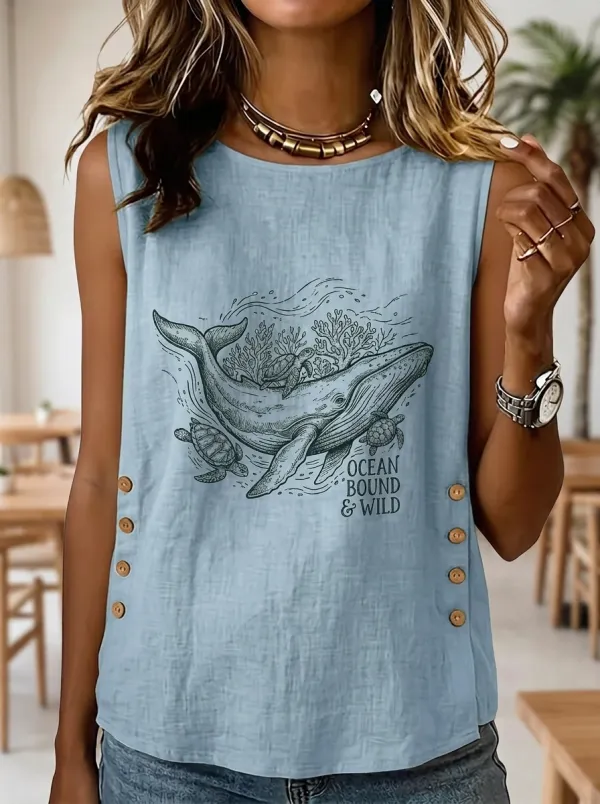 Women's Ocean Lover Whale Turtle Printed Sleeveless Top