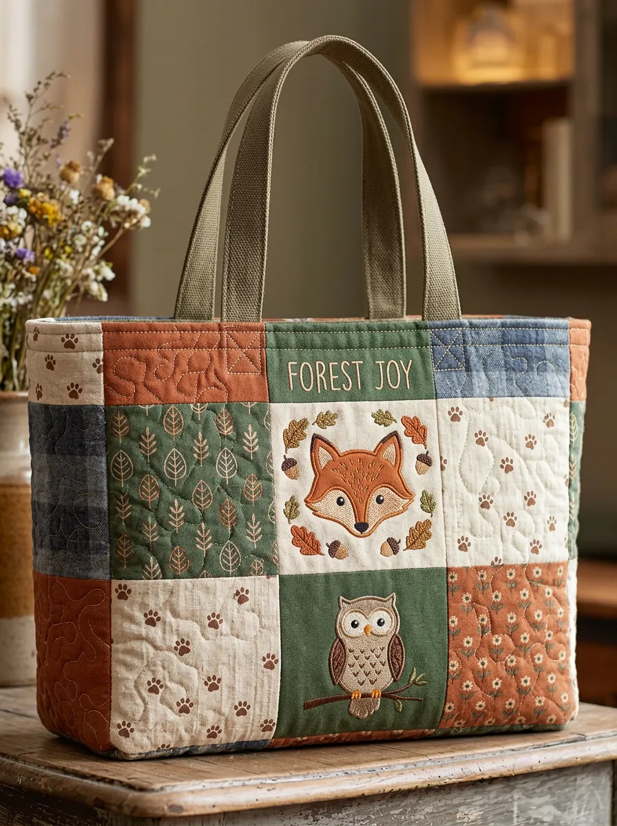 Forest Animal Lover Fox Owl Patchwork Printed Tote Bag