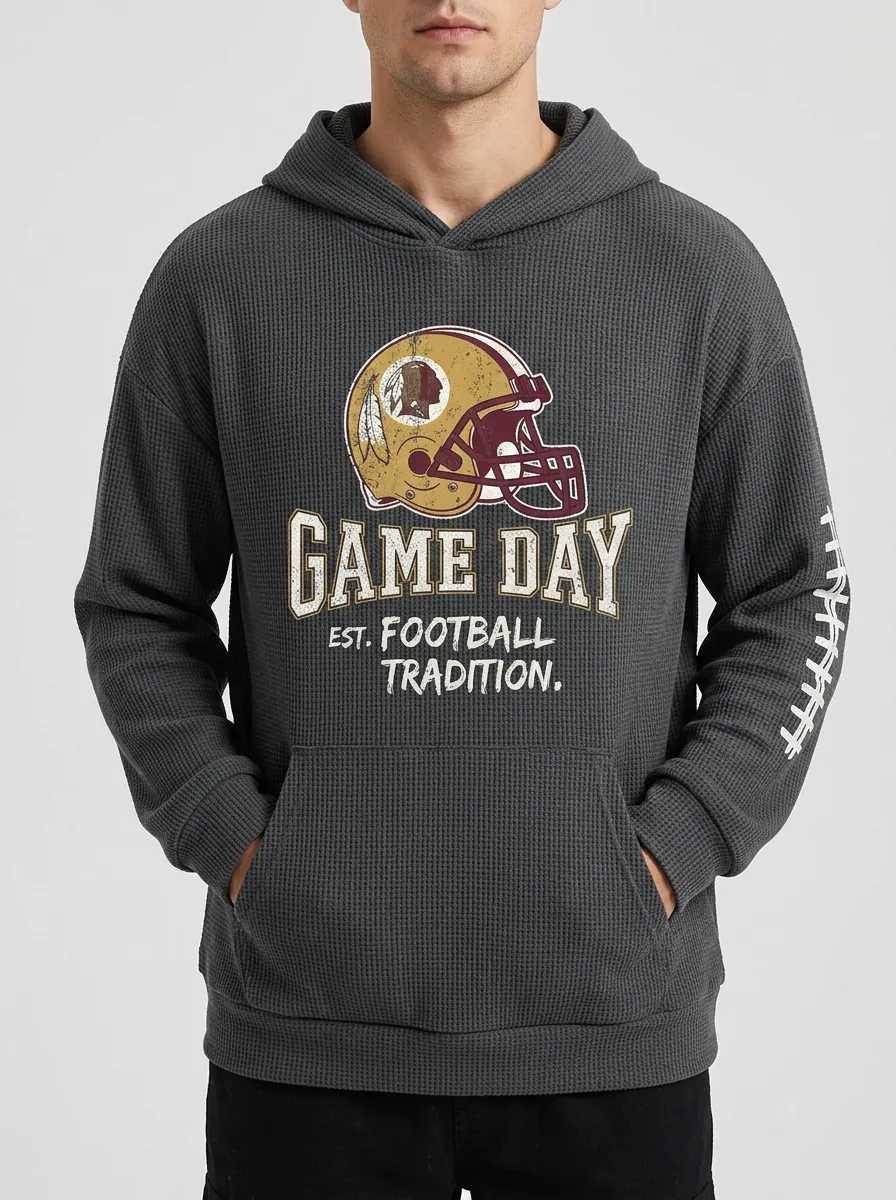 Men's Sporty American Football Game Day Helmet Printed Waffle Hoodie
