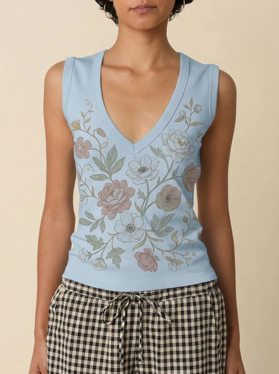 Women's Floral Botanical Garden Printed V-Neck Tank Top