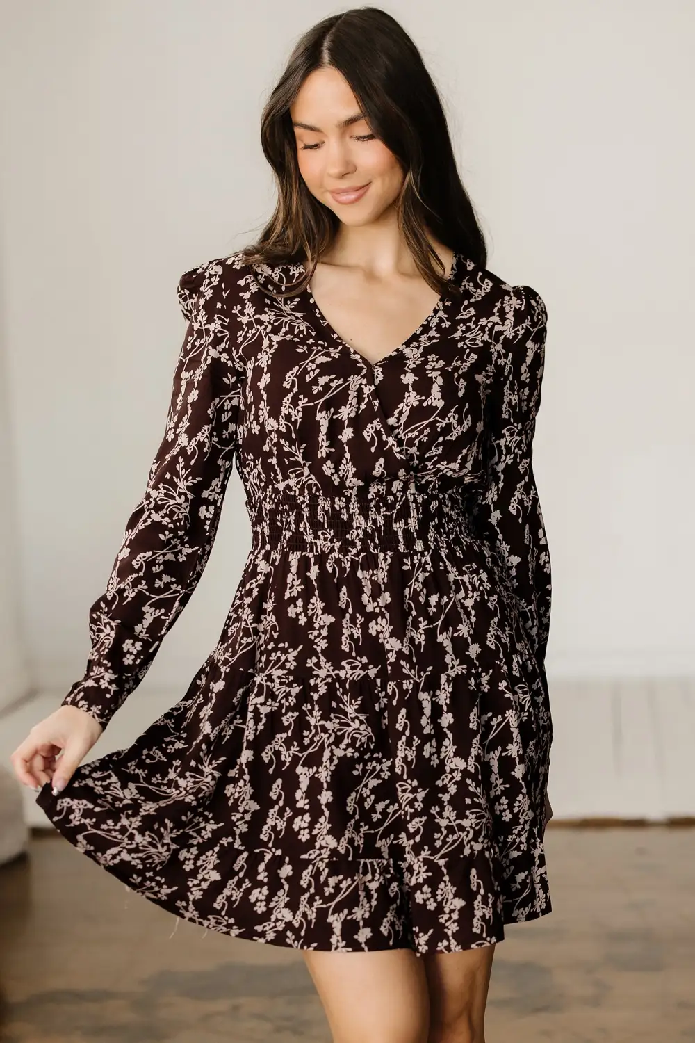 Lightweight Feel Floral Printed Split Neck Mini Dress