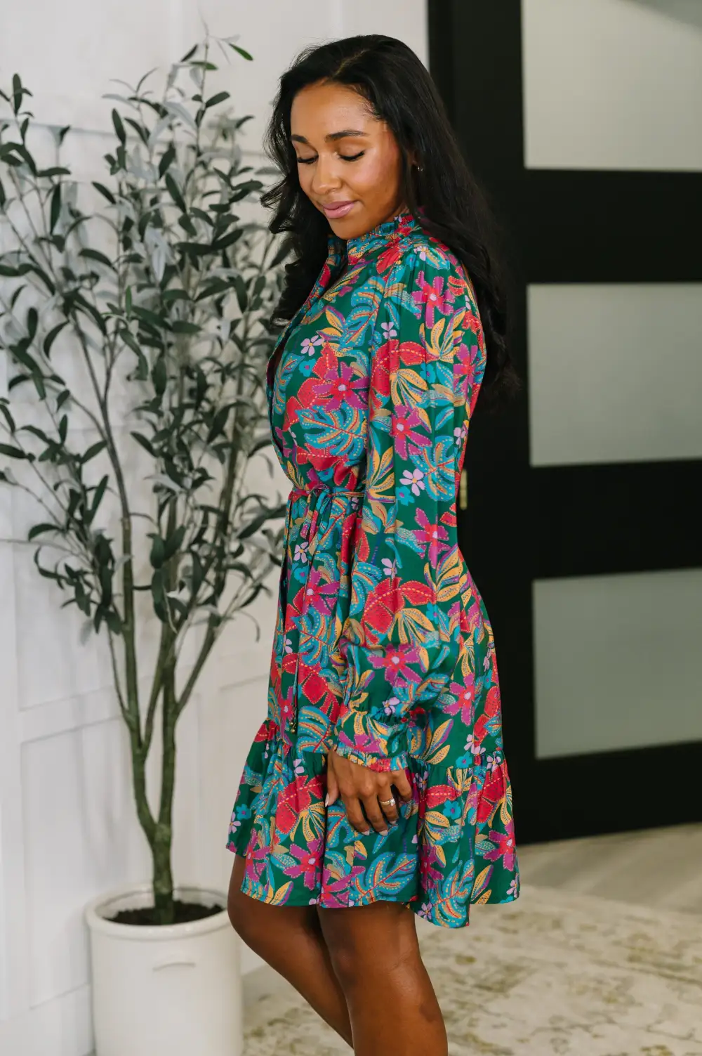 Tiered V-Neck Long-Sleeve Casual Dress