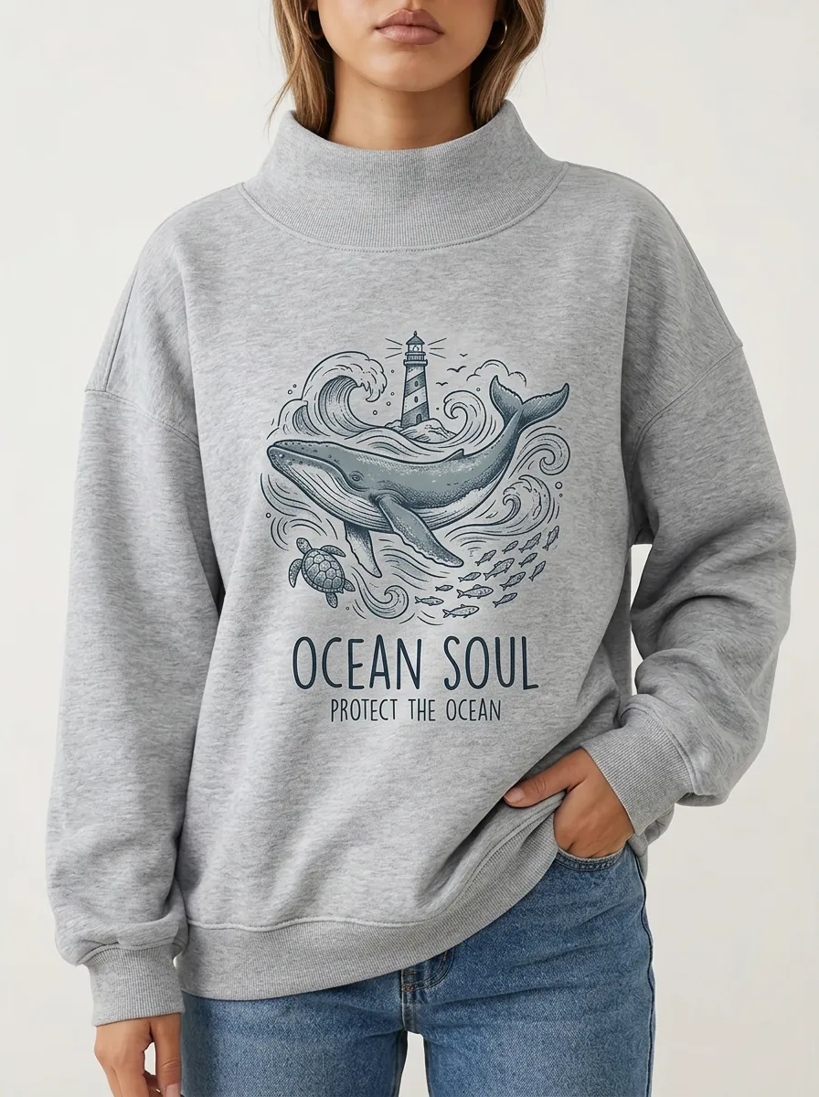 Ocean Lover Whale Lighthouse Mock Neck Sweatshirt