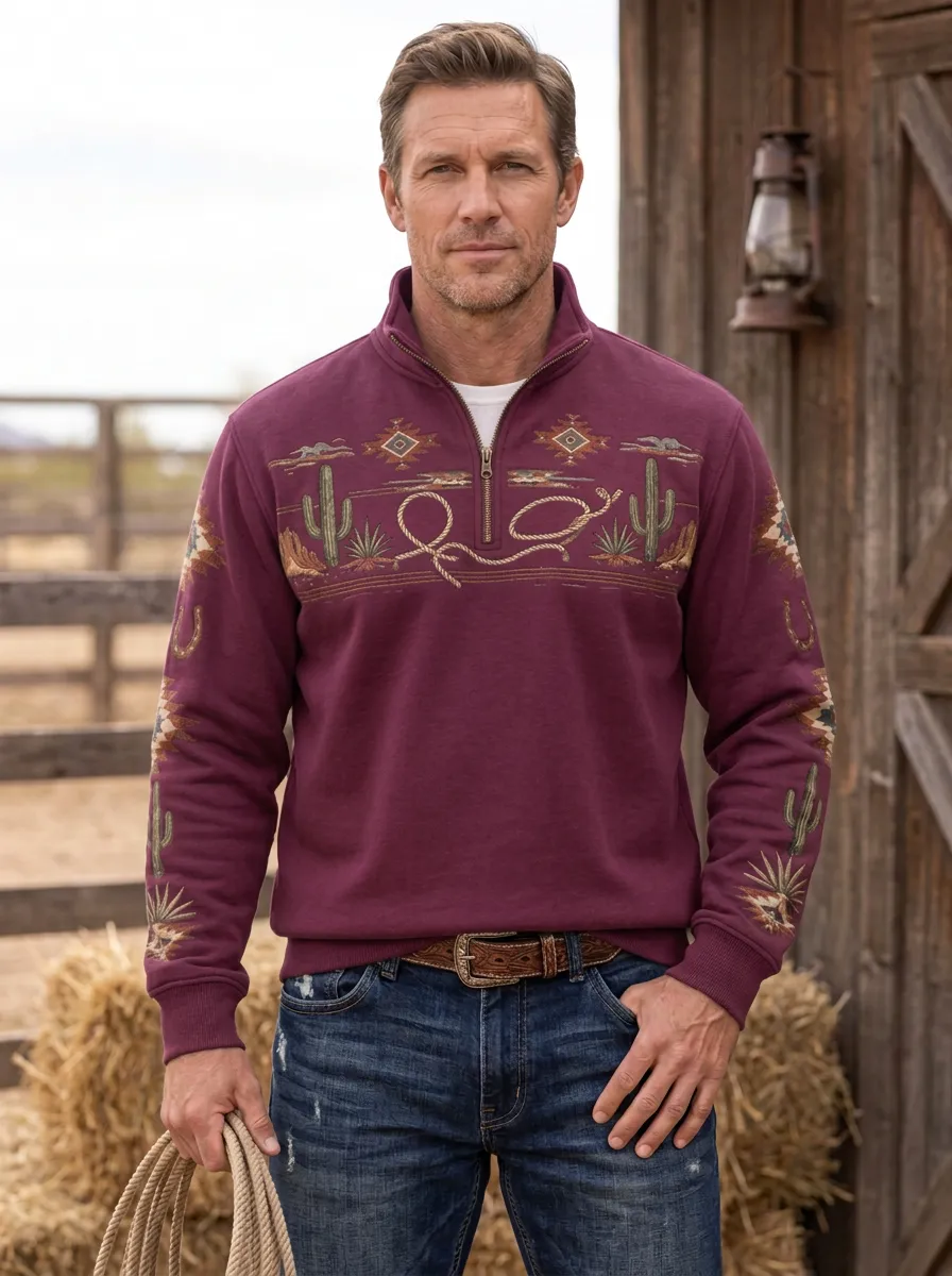 Men's Western Cowboy Cactus Rope Quarter-Zip Sweatshirt