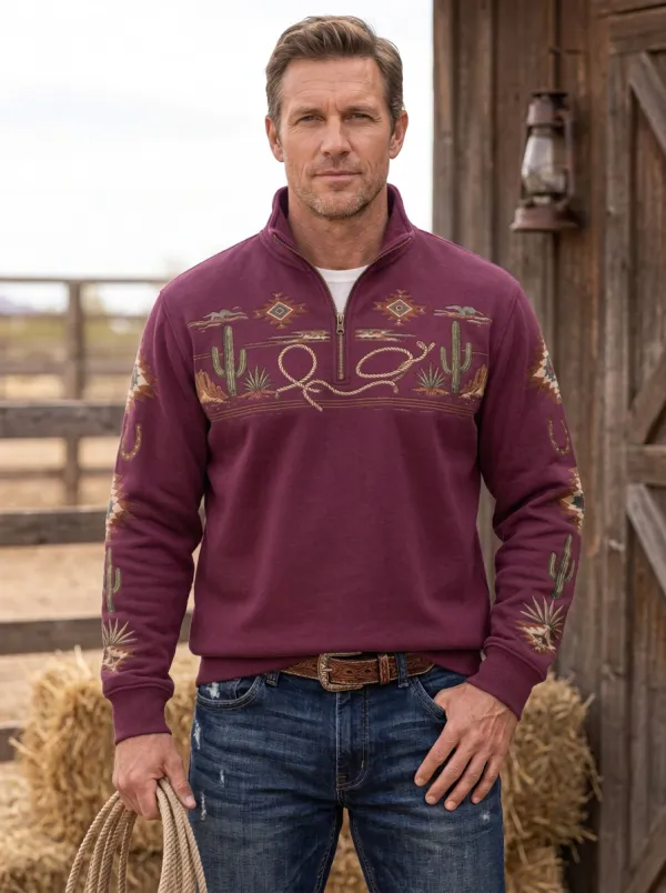 Men's Western Cowboy Cactus Rope Quarter-Zip Sweatshirt