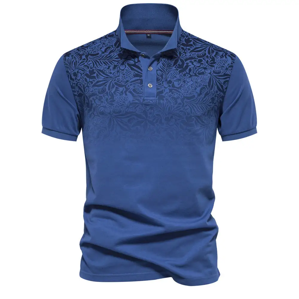 Men's Polo Shirt With Floral Gradient Pattern Classic Collar And Subtle Button Placket