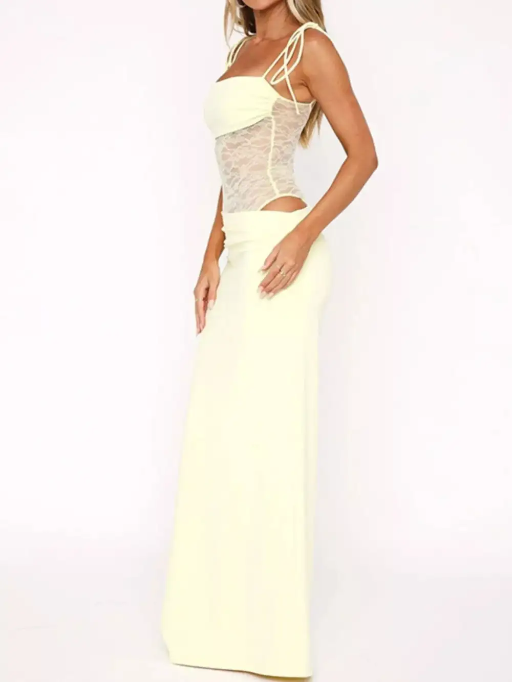 Lace Cutout Tie Shoulder Maxi Dress