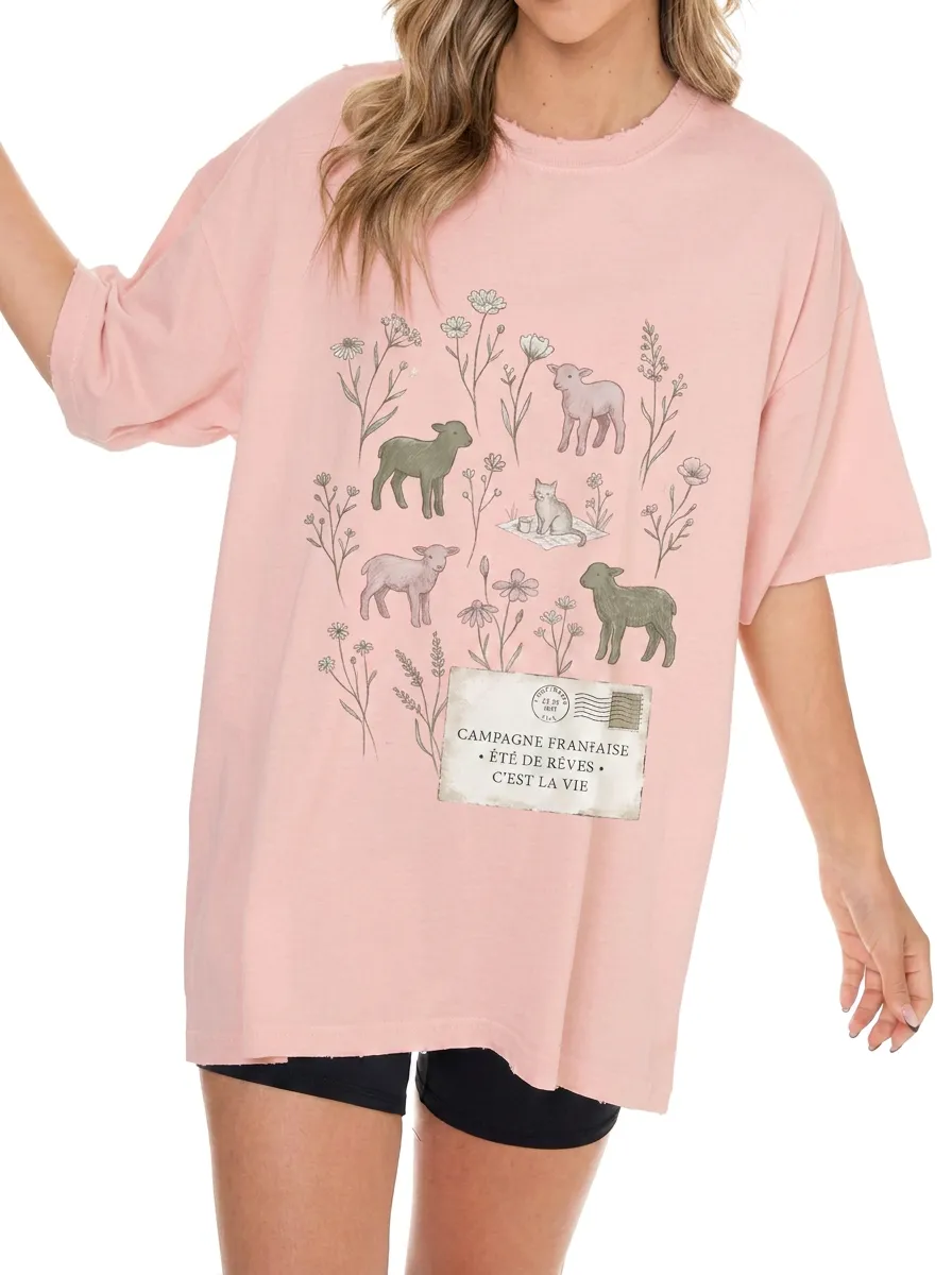 Women's French Countryside Lamb Floral Postcard Printed T-shirt