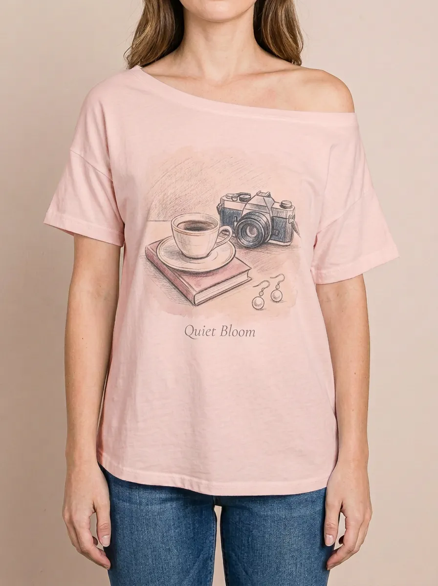 Women's Photography Coffee Book Lover Quiet Bloom Printed T-shirt