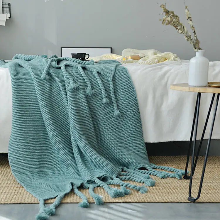 Tassel Waffle Knit Throw Blanket