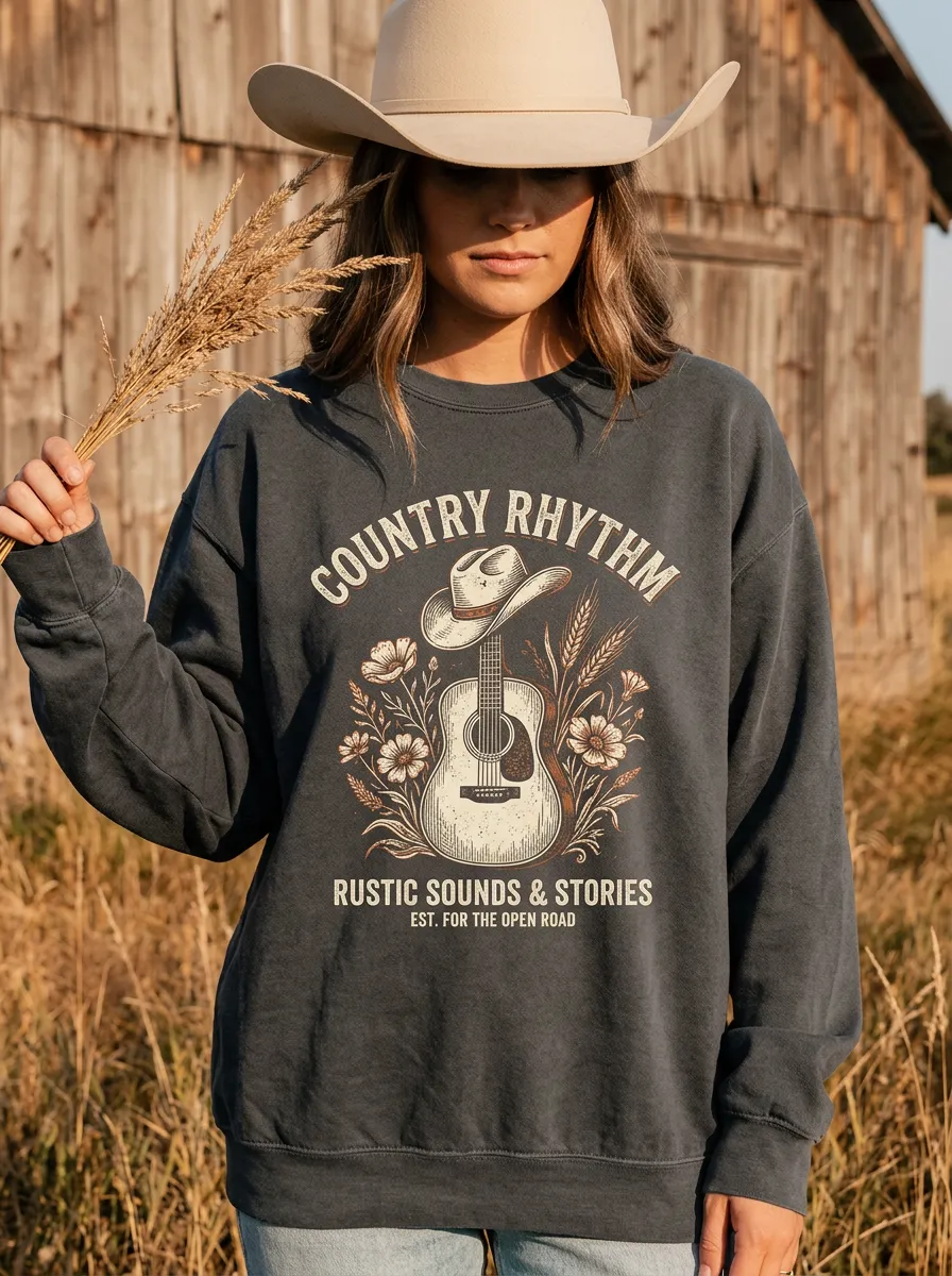 Guitar Cowboy-Hat Floral Women's Country Music Crew Neck Sweatshirt