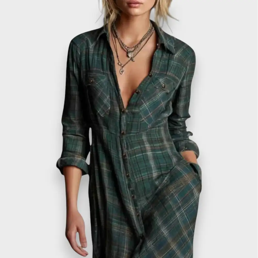 Pocket Detail Shirt Style Check Pattern Casual Dress