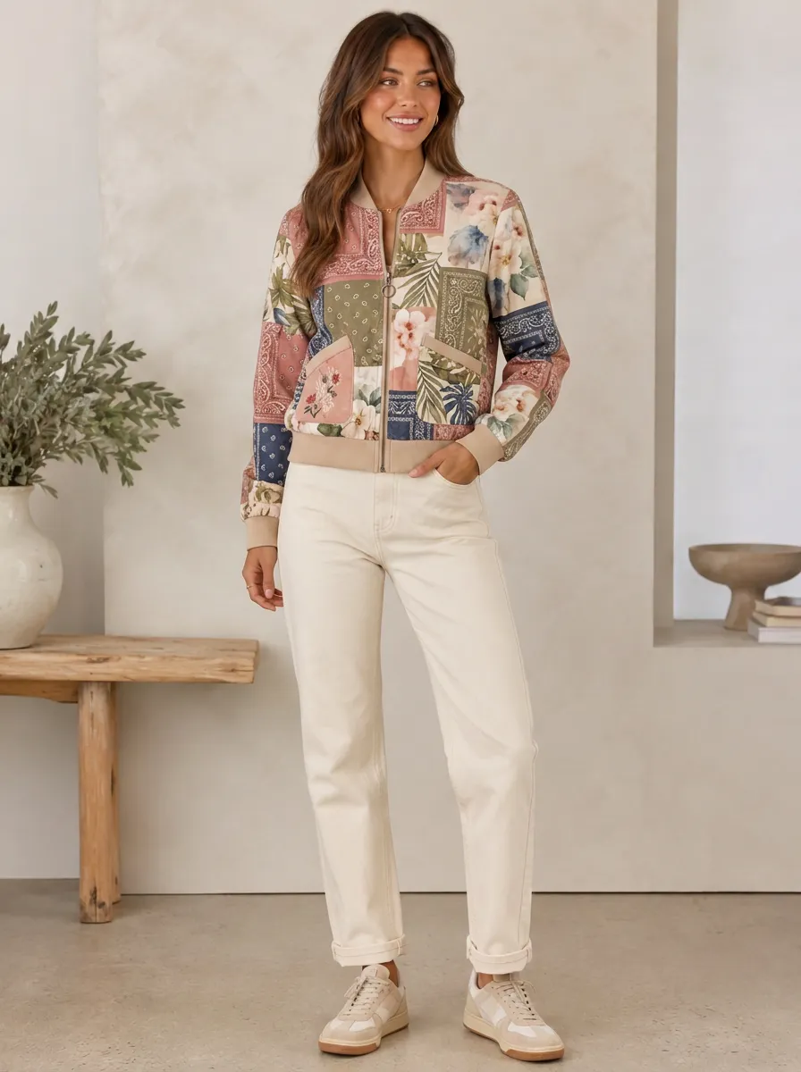 Women's Boho Floral Patchwork Ribbed Trim Welt Pocket Bomber Jacket