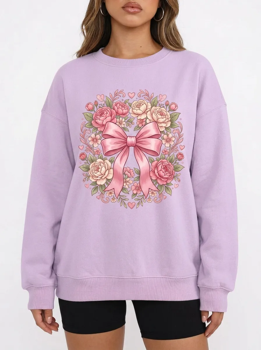 Women's Breast Cancer Awareness Floral Bow Printed Sweatshirt