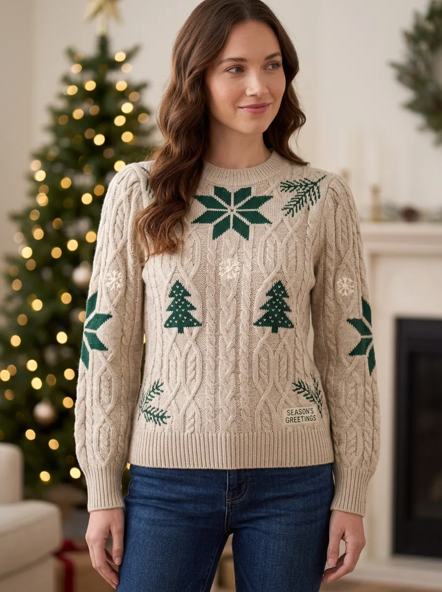 Cozy Christmas Holiday Tree Snowflake Pattern Knitted Sweater