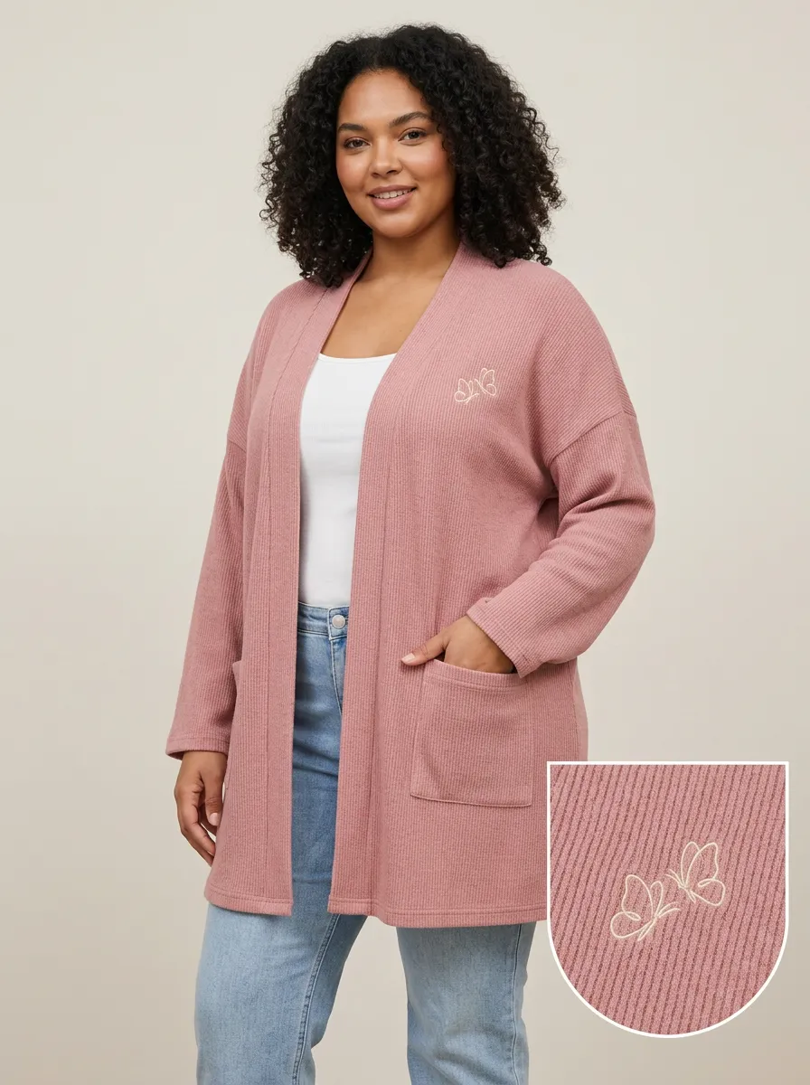 Pink Butterfly Minimalist Embroidered Ribbed Cardigan