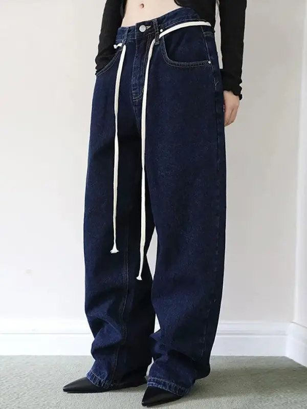 Vintage Solid Tie Loose Straight-Leg Jeans