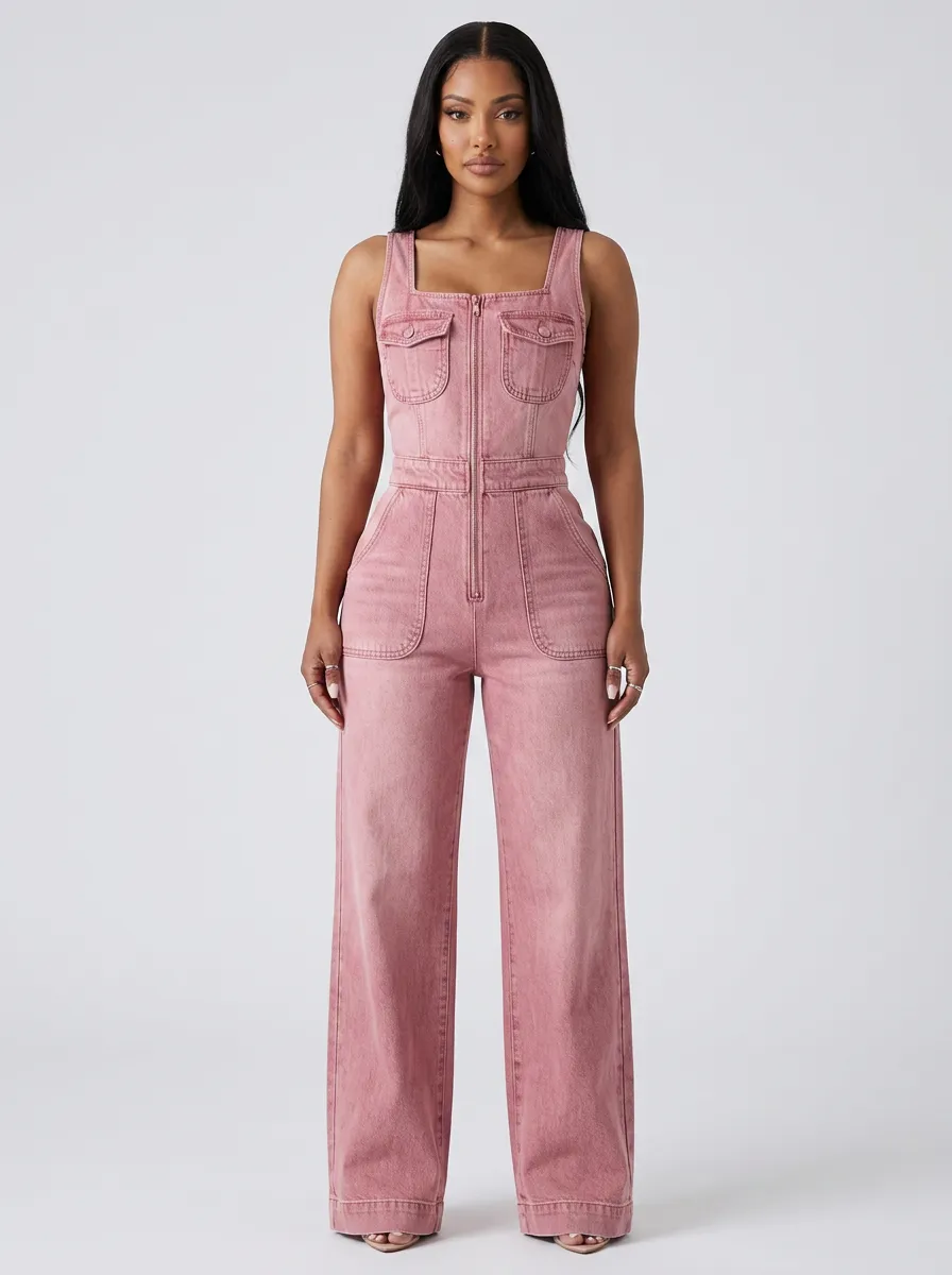 Pink Fresh Sleeveless Zip-Front Denim Jumpsuit