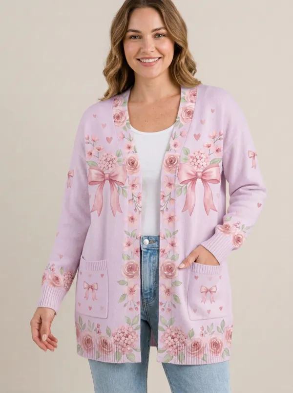 Women's Breast Cancer Awareness Pink Ribbon Floral Bow Printed Cardigan