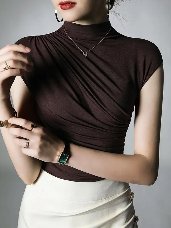 Slim Fit Pleat Detail Mock Neck T-Shirt