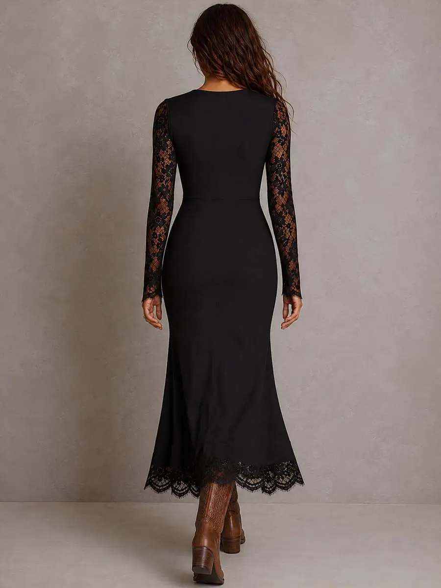 Vintage-style Wrap-tie Lace And Jersey Patchwork Midi Dress