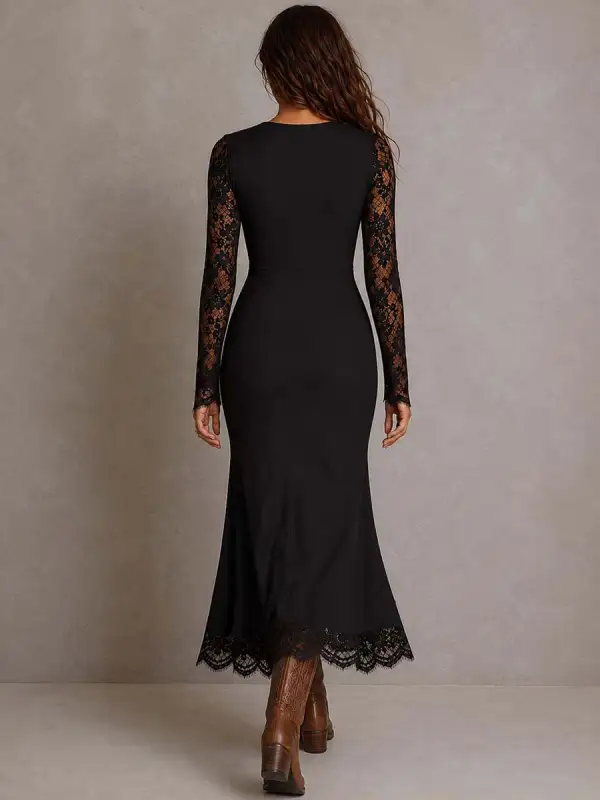 Vintage-style Wrap-tie Lace And Jersey Patchwork Midi Dress