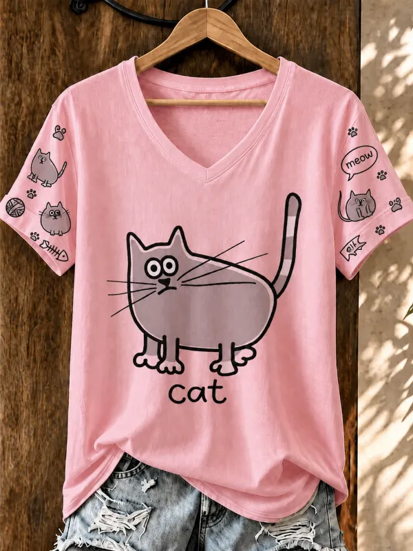 Women'S Cute Cat Printed V-Neck T-Shirt