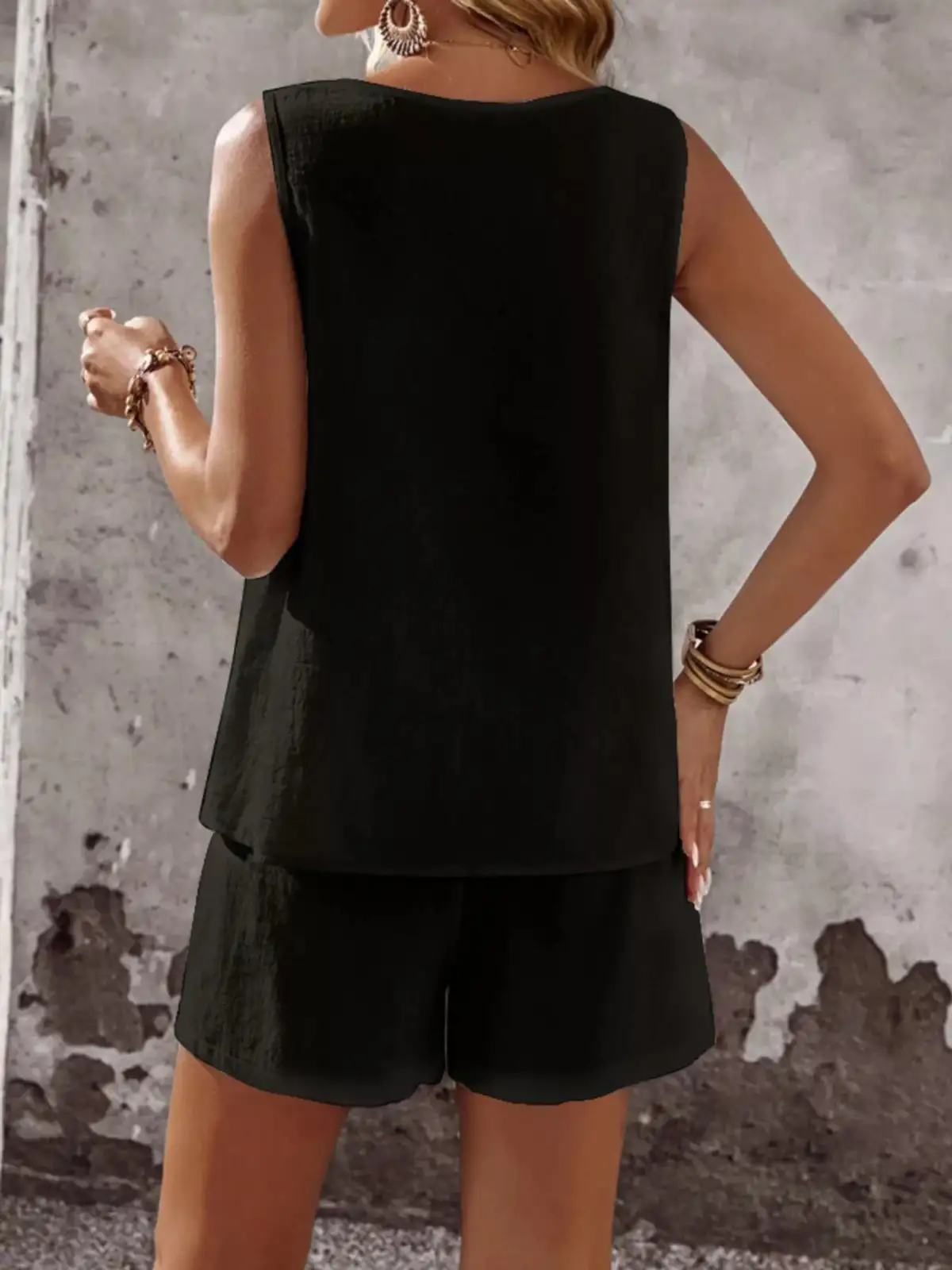 Round-Neck Button-Detail Cotton Shorts Matching Set