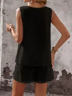 Round-Neck Button-Detail Cotton Shorts Matching Set