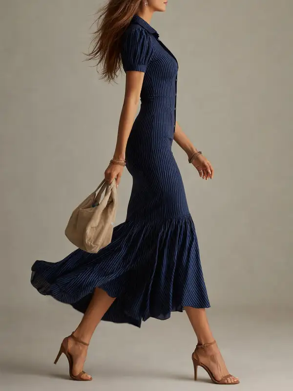 Elegant Striped Slim-fit Mermaid Maxi Dress