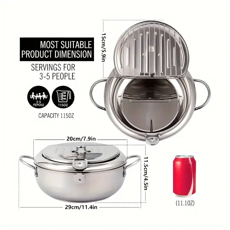 Stainless Steel Deep Fryer with Thermometer and Draining Rack, Kitchen Tool for Perfect Fried Foods