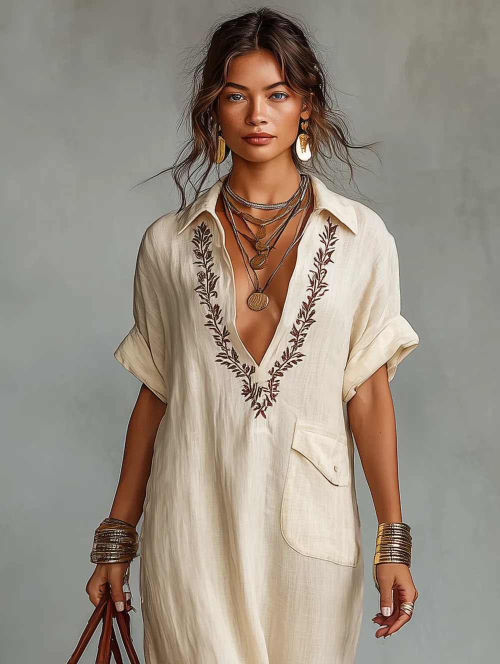 Minimalist Linen Blend Embroidered Short-sleeved Shirt Maxi Dress