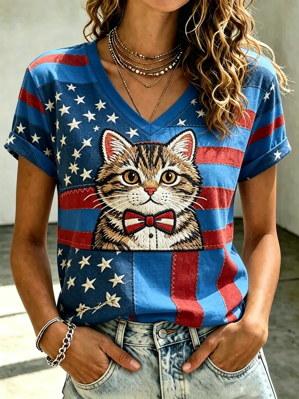 Women's American Flag Cat Printed Casual T-shirt