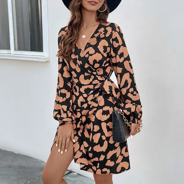 Women's Wrap Long-Sleeve Leopard-Print Dress