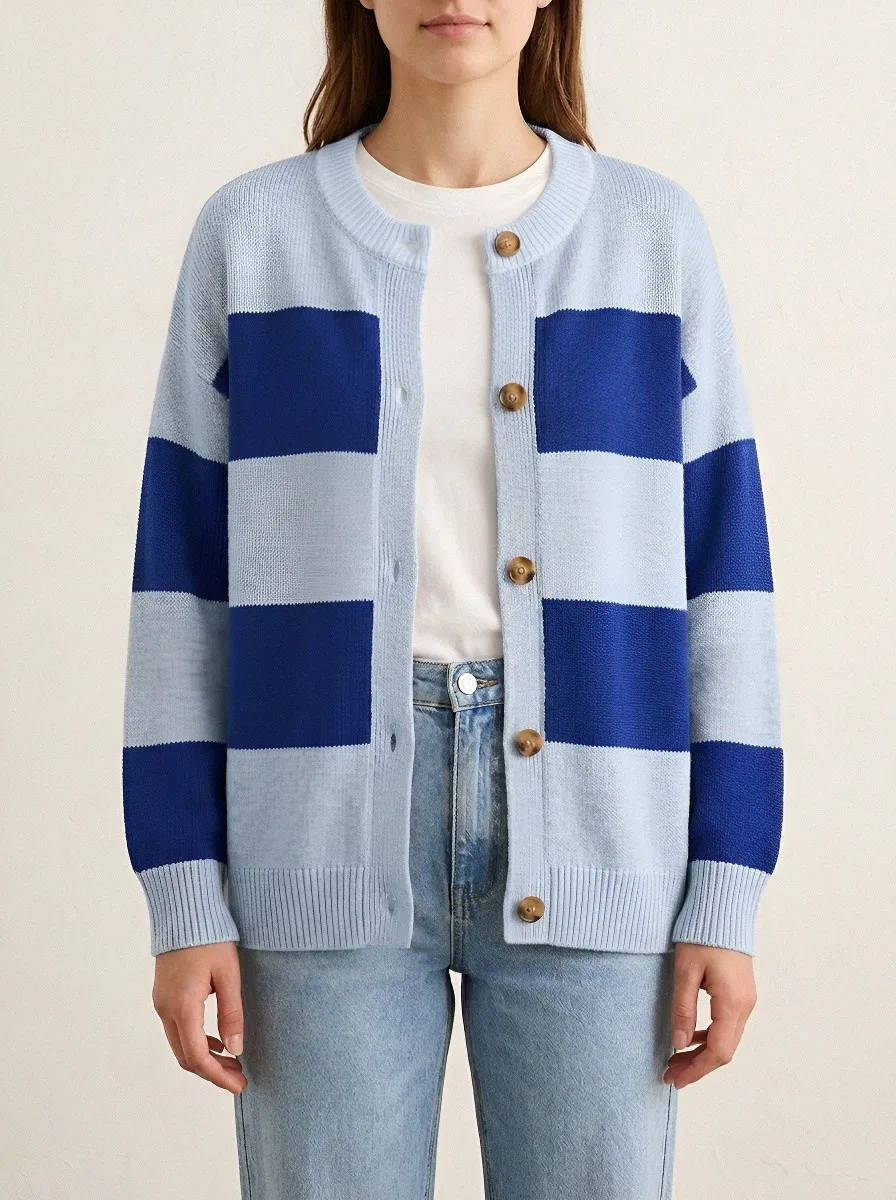 Textured Distinctive Rugby Striped Knit Cardigan