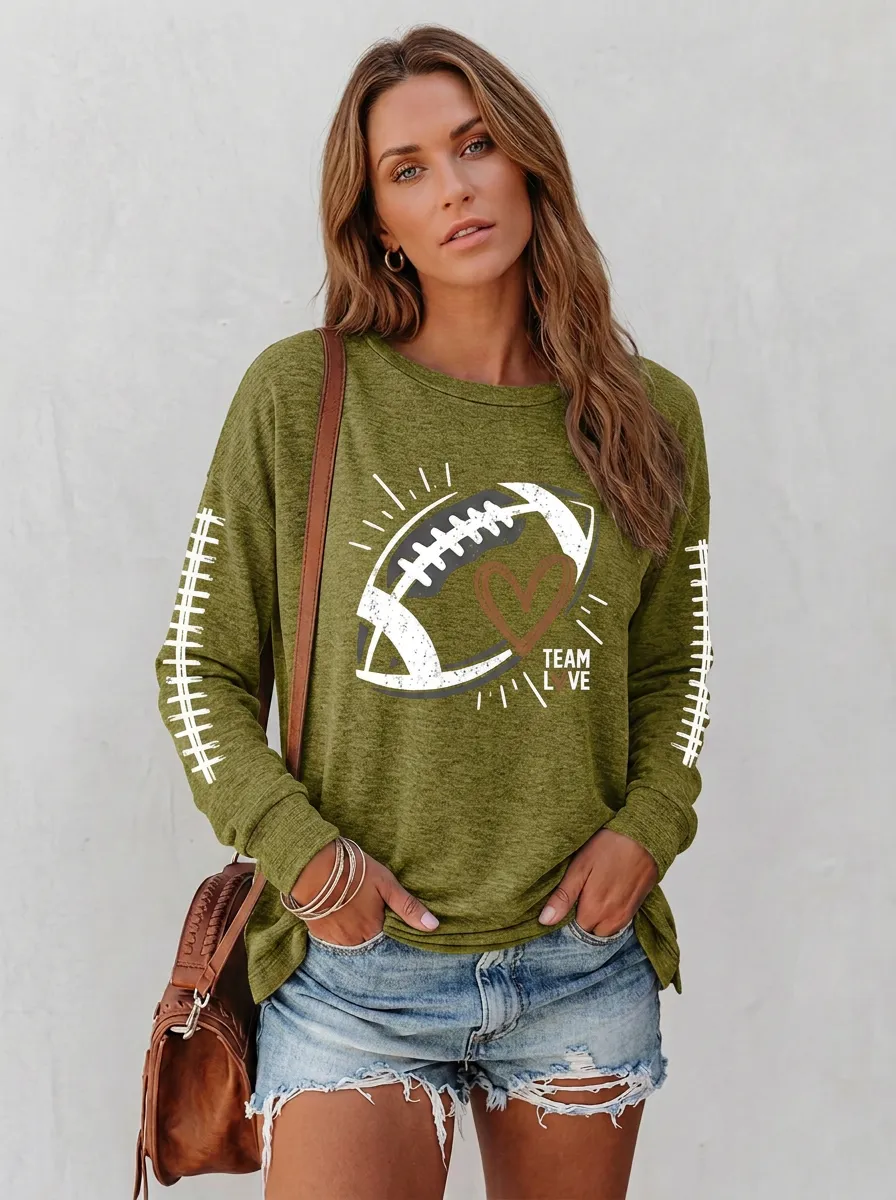 Women's Traditional Gridiron Heart Ball Love Crewneck Long Sleeve T-Shirt