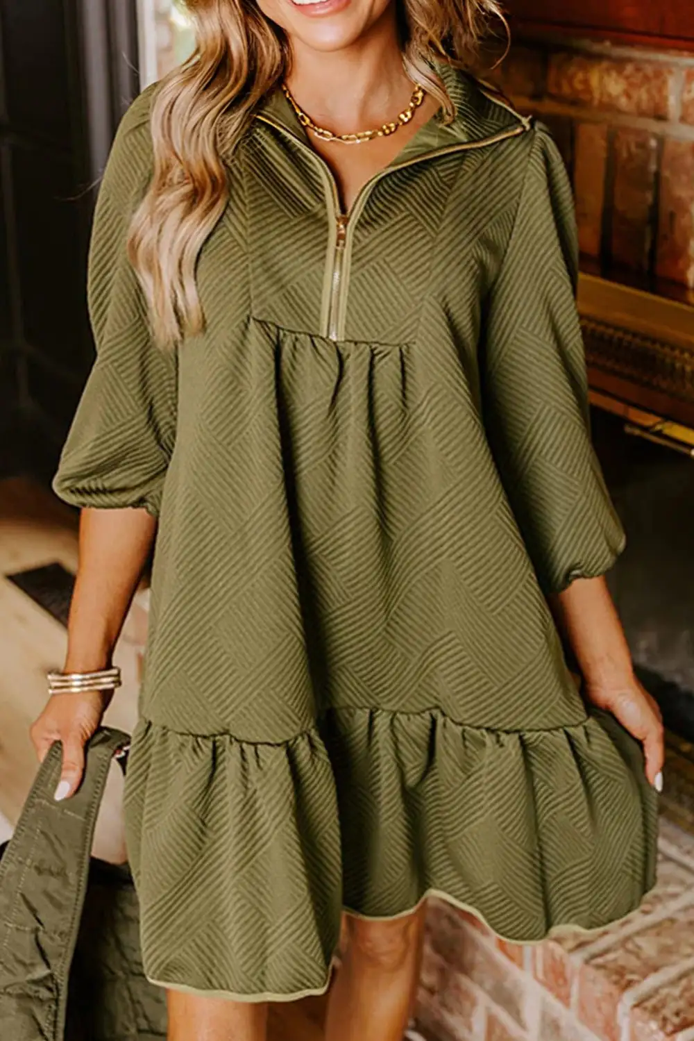 Jungle Quarter Zip Collar Bracelet Sleeve Textured Mini Dress