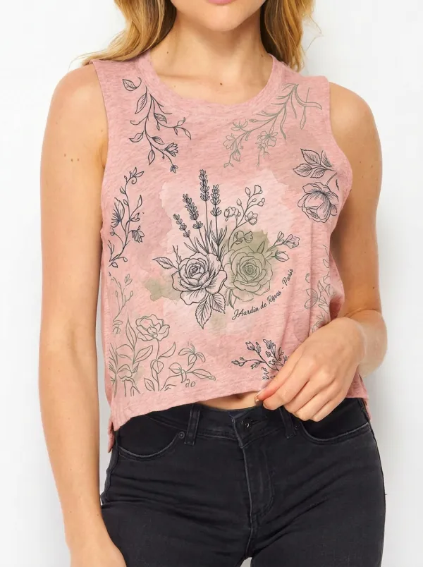 Women's Floral Garden Botanical Rose Printed Crop Tank Top