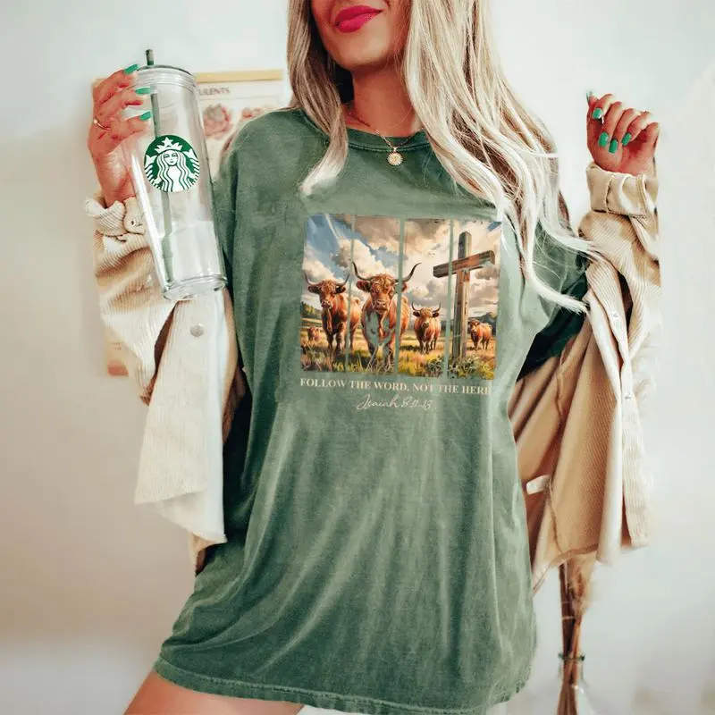 Follow The Word Not The Herd Christian Western Highland Cow Women's Oversized Comfort T-Shirt