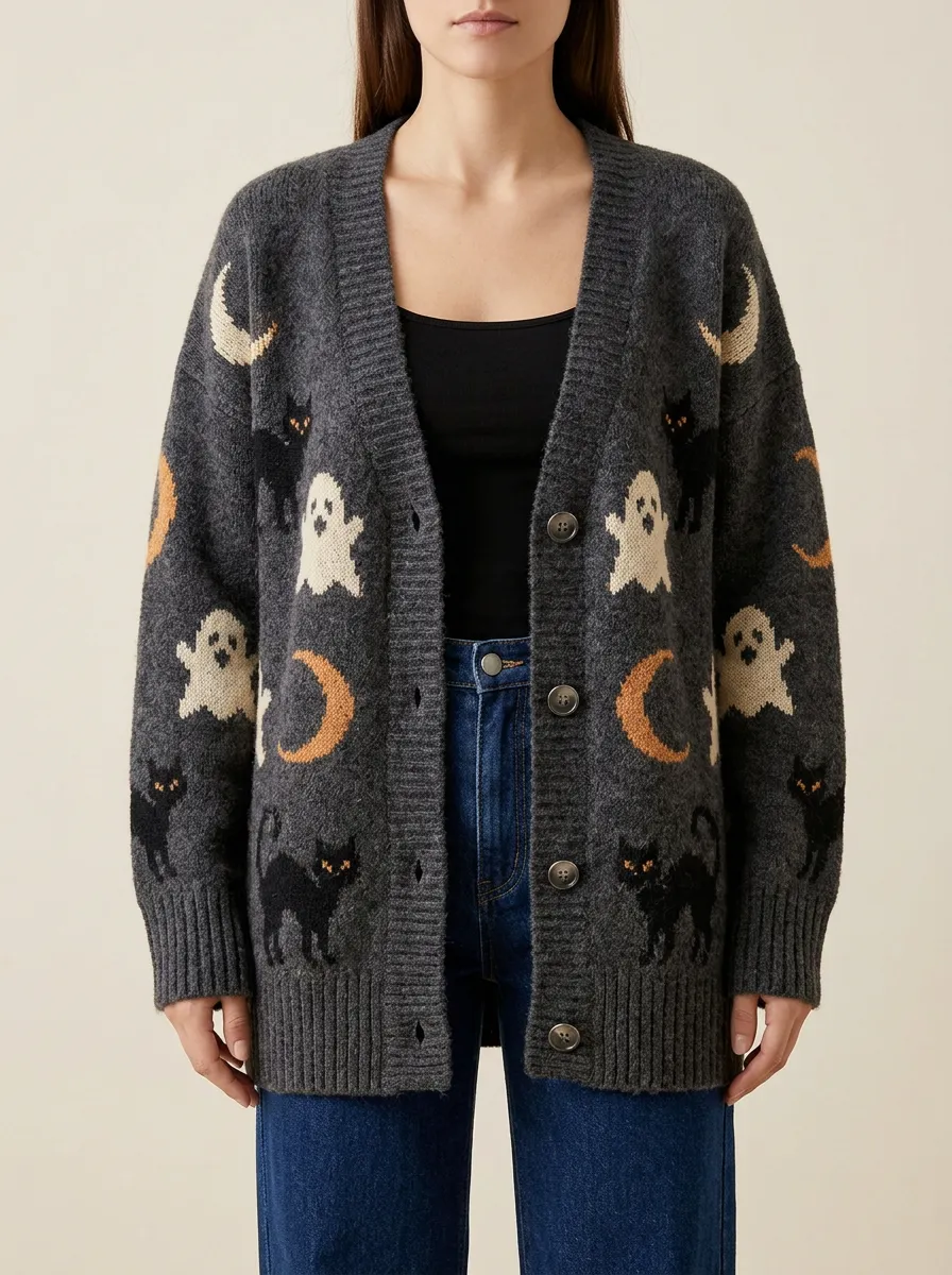 Women's Halloween Ghost Cat Moon Pattern Printed Cardigan