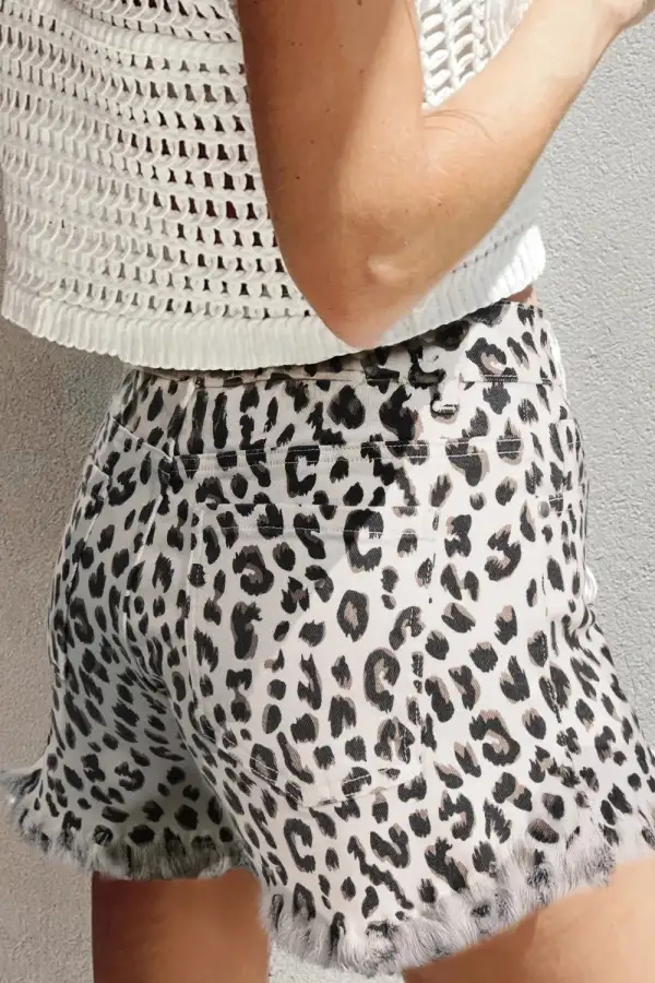 Leopard Frayed Hem Denim Shorts