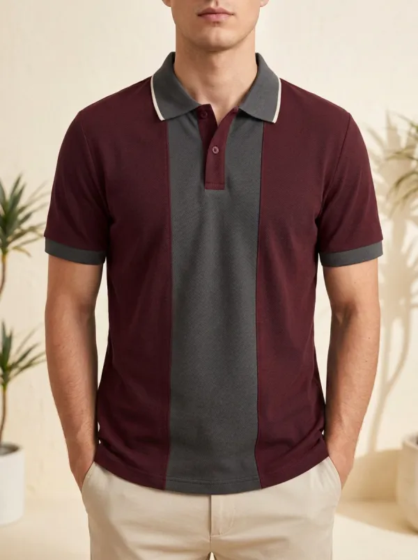 Men's Ribbed Textured Striped Colorblock Contrast-Panel Polo Shirt