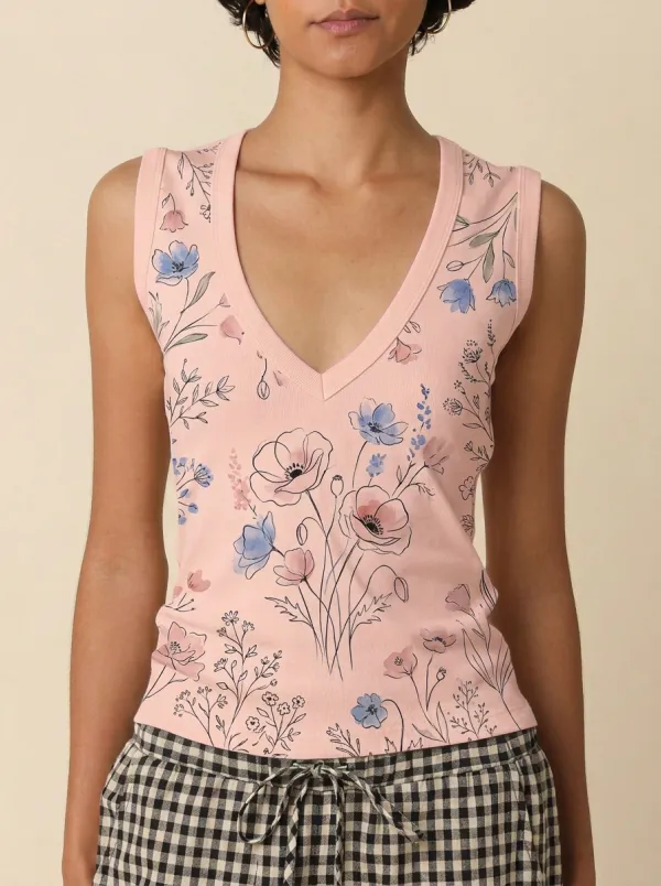 Women's Floral Botanical Garden Poppy Printed V-neck Tank Top