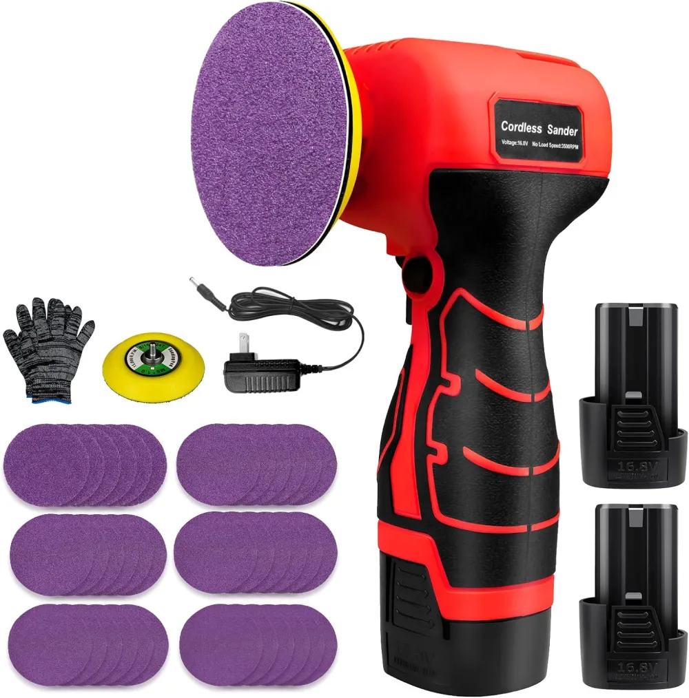 Cordless Electric Sander with 36PCS Sandpapers, 3500 RPM, 2Pcs 2000mAh Batteries, Lightweight & Compact Design for Wood, Metal, Paint Removal, and DIY Projects