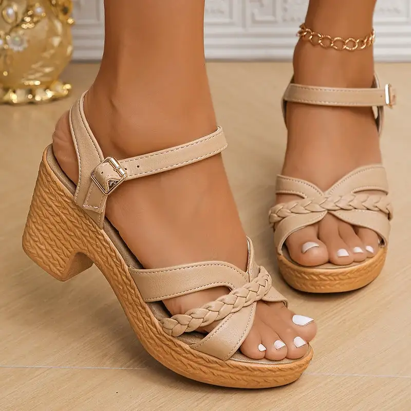 Braided Platform Ankle Strap Heeled Sandals