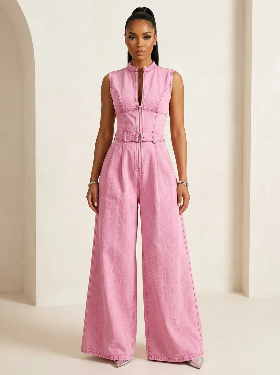 Pink Sleeveless Zip-Front Wide-Leg Denim Jumpsuit
