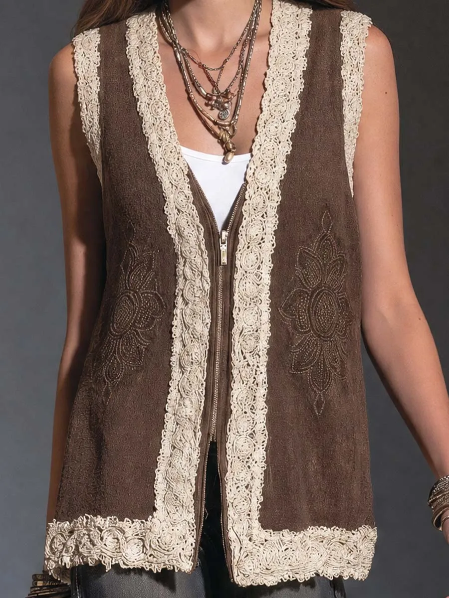 Boho Crochet Lace Trim Floral Embroidered Zip-Up Vest