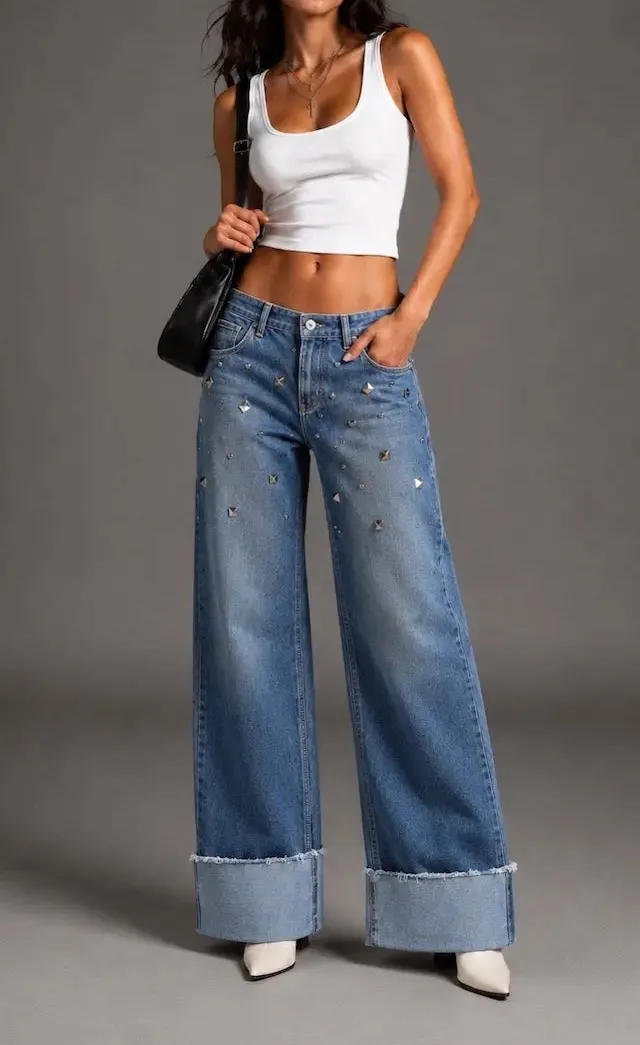 Low Rise Wide Leg Cuffed Everyday Denim Jeans