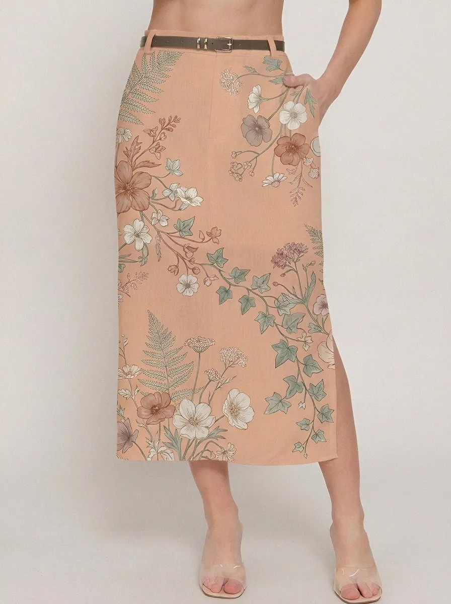 Women's Belt-Loop Botanical Garden Floral Fern Printed Midi Skirt